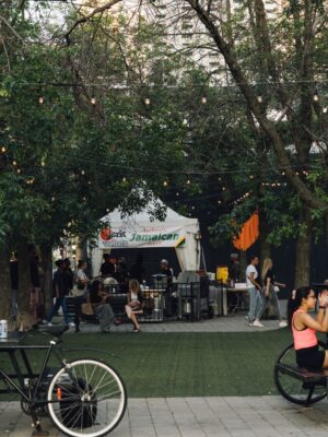 People enjoying a casual outdoor dining experience in a lively park setting.
