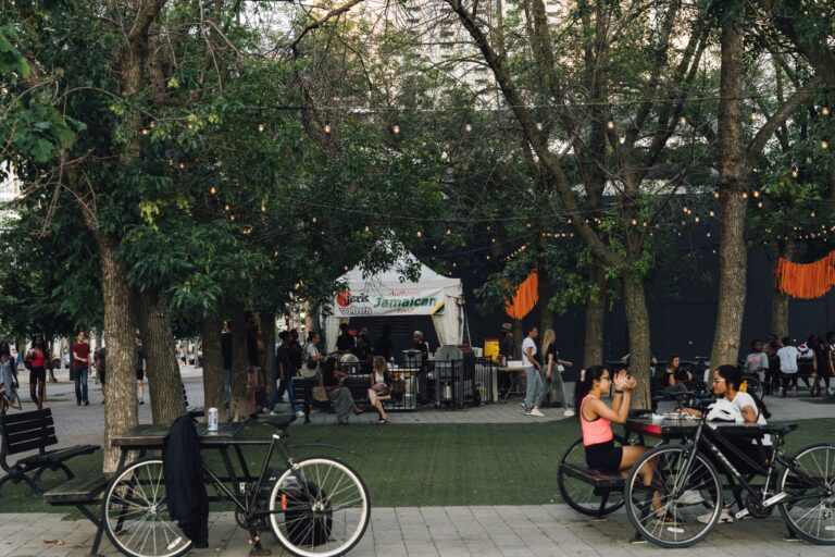 People enjoying a casual outdoor dining experience in a lively park setting.